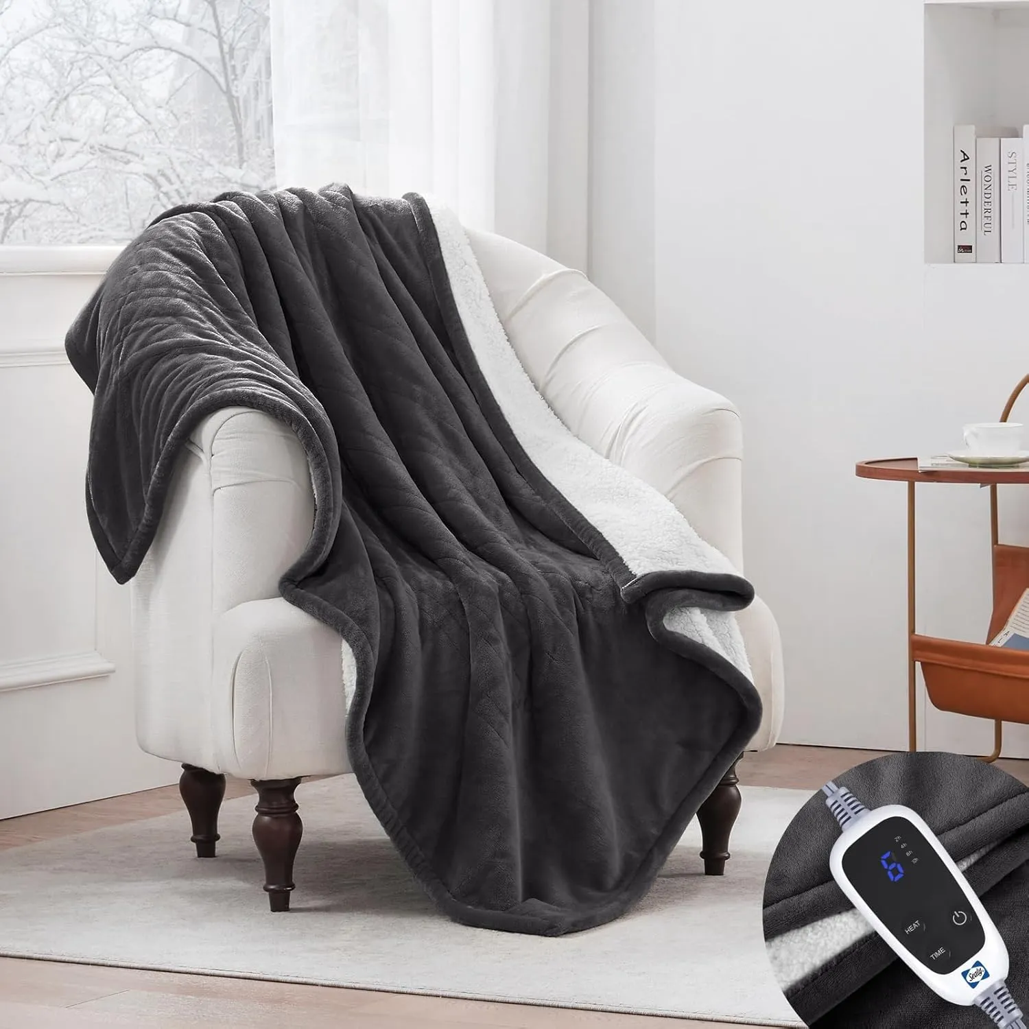 Sealy Heated Throw Blanket, Flannel & Sherpa Reversible Electric Throw with 6 Heating Levels & 2-10 Hours Auto Shut Off, Machine Washable, 50x60 Inch, Dark Grey