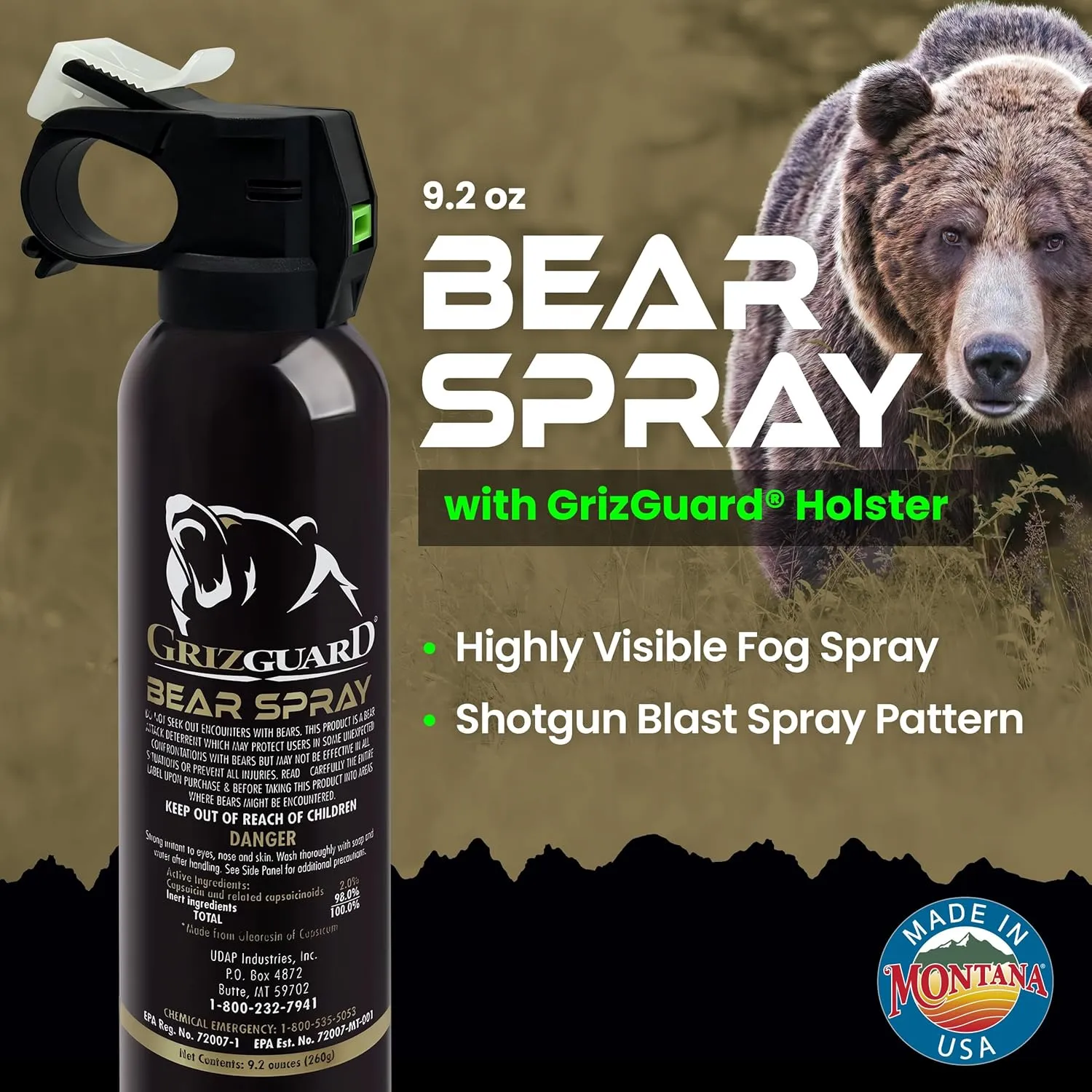 Self Defense Deterrent with Holster for Wilderness Outdoor Protection Camping, Hiking, Fishing, Powerful Blast Pattern, 30 ft Fog, Hottest Red Pepper Formula