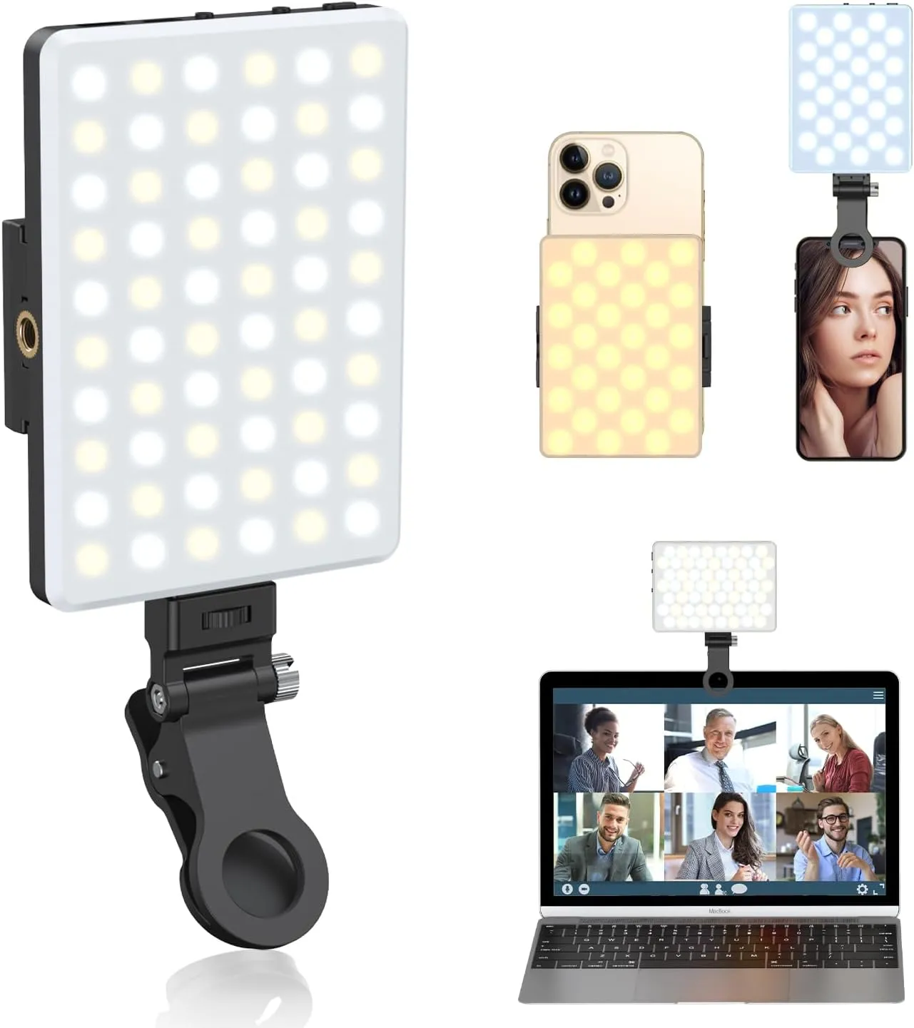 Selfie Light, Phone Light with Front & Back Clip, 60 LED Portable Light with 3 Modes, 5000mAh Rechargeable Video Light for Phone, iPhone, IPad, Laptop, TikTok, Makeup, Live Stream, Vlog
