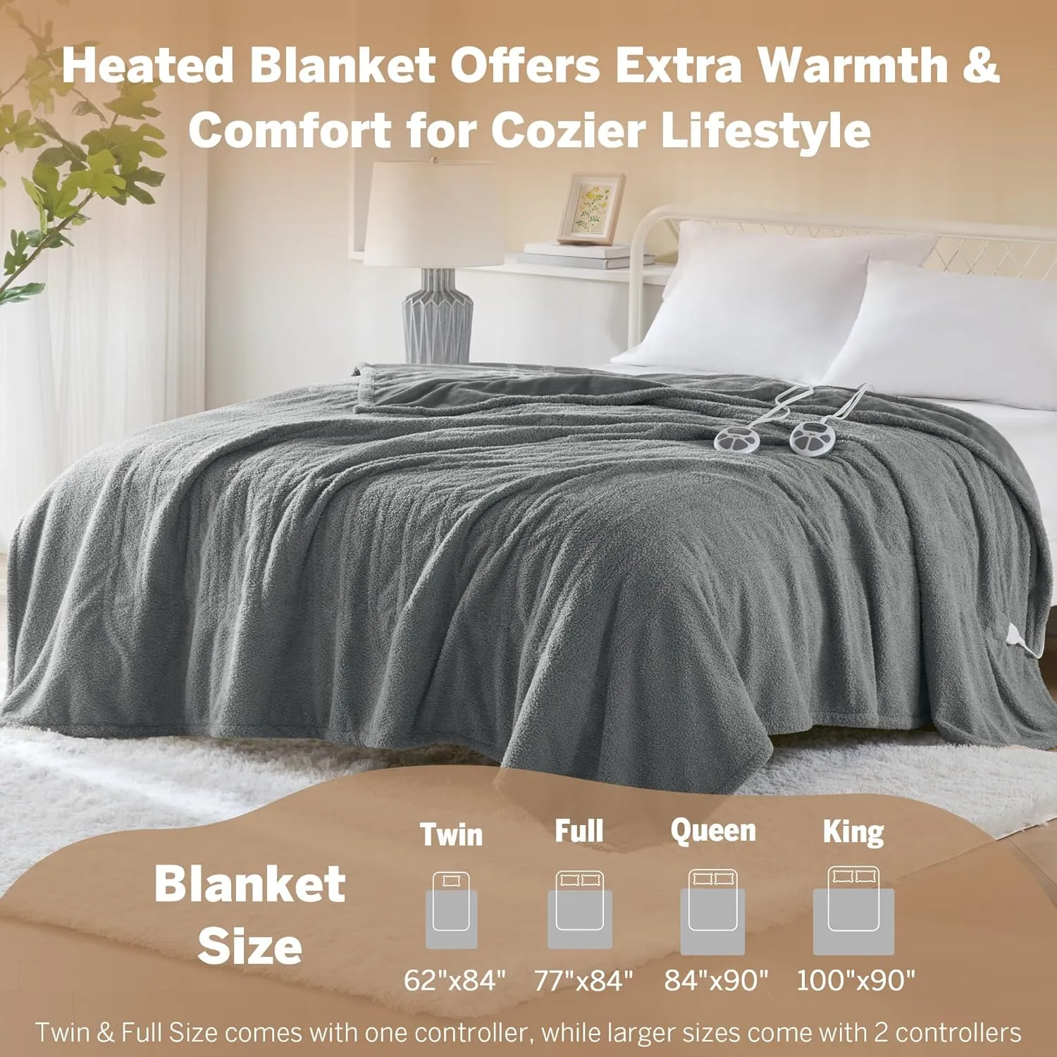 Serta Heated Blanket, Electric King Size Blanket, Soft, Warm, Fuzzy Heating Blanket King for Office, Couch, 1-12 hr Auto Shut Off Timer, 10 Lv Heat Setting, ETL Certified, King 100" x 90" Grey