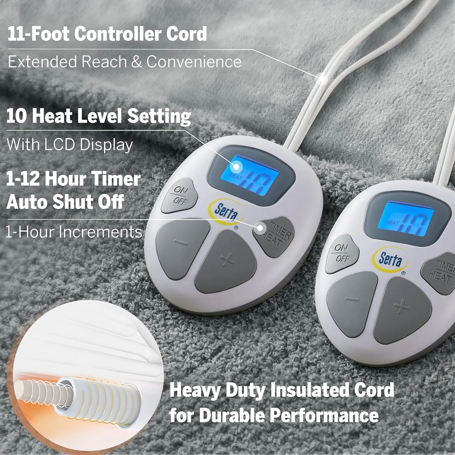 Serta Heated Blanket, Electric King Size Blanket, Soft, Warm, Fuzzy Heating Blanket King for Office, Couch, 1-12 hr Auto Shut Off Timer, 10 Lv Heat Setting, ETL Certified, King 100" x 90" Grey