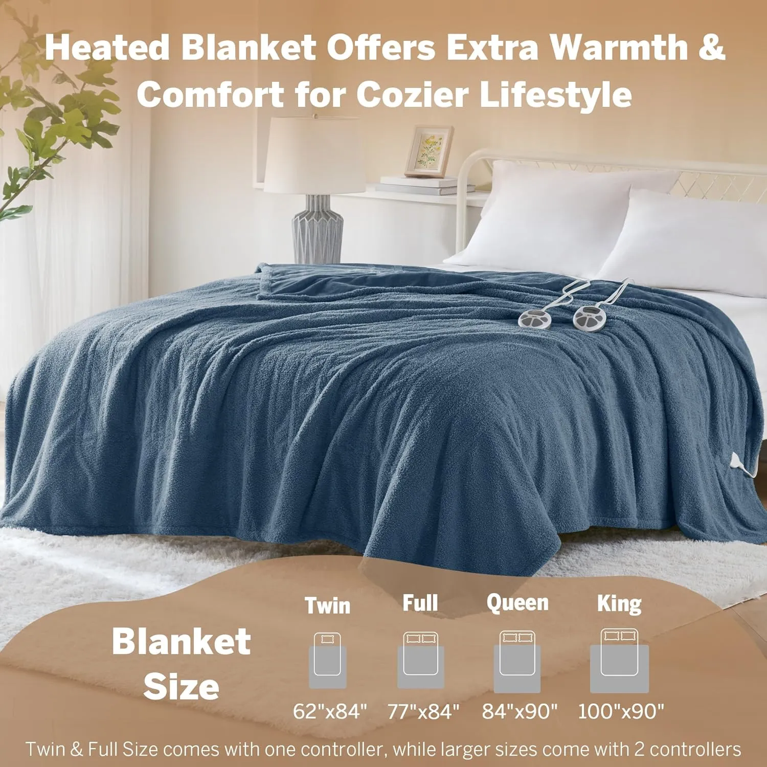 Serta Heated Blanket, Electric Queen Size Blanket, Soft, Warm, Fuzzy Heating Blanket Queen for Office, Couch, 1-12 hr Auto Shut Off Timer, 10 Lv Heat Setting, ETL Certified, Queen 84" x 90" Navy
