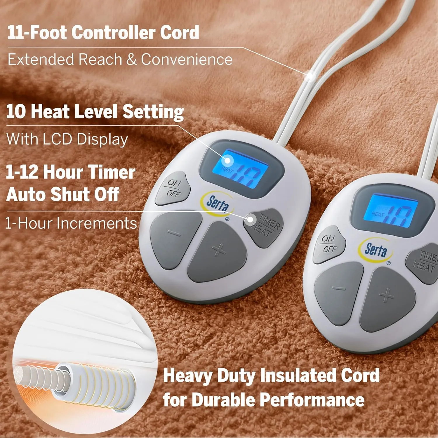 Serta Heated Blanket, Electric Queen Size Blanket, Soft, Warm, Fuzzy Heating Blanket Queen for Office, Couch, 1-12 hr Auto Shut Off Timer, 10 Lv Heat Setting, ETL Certified, Queen 84" x 90" Rust