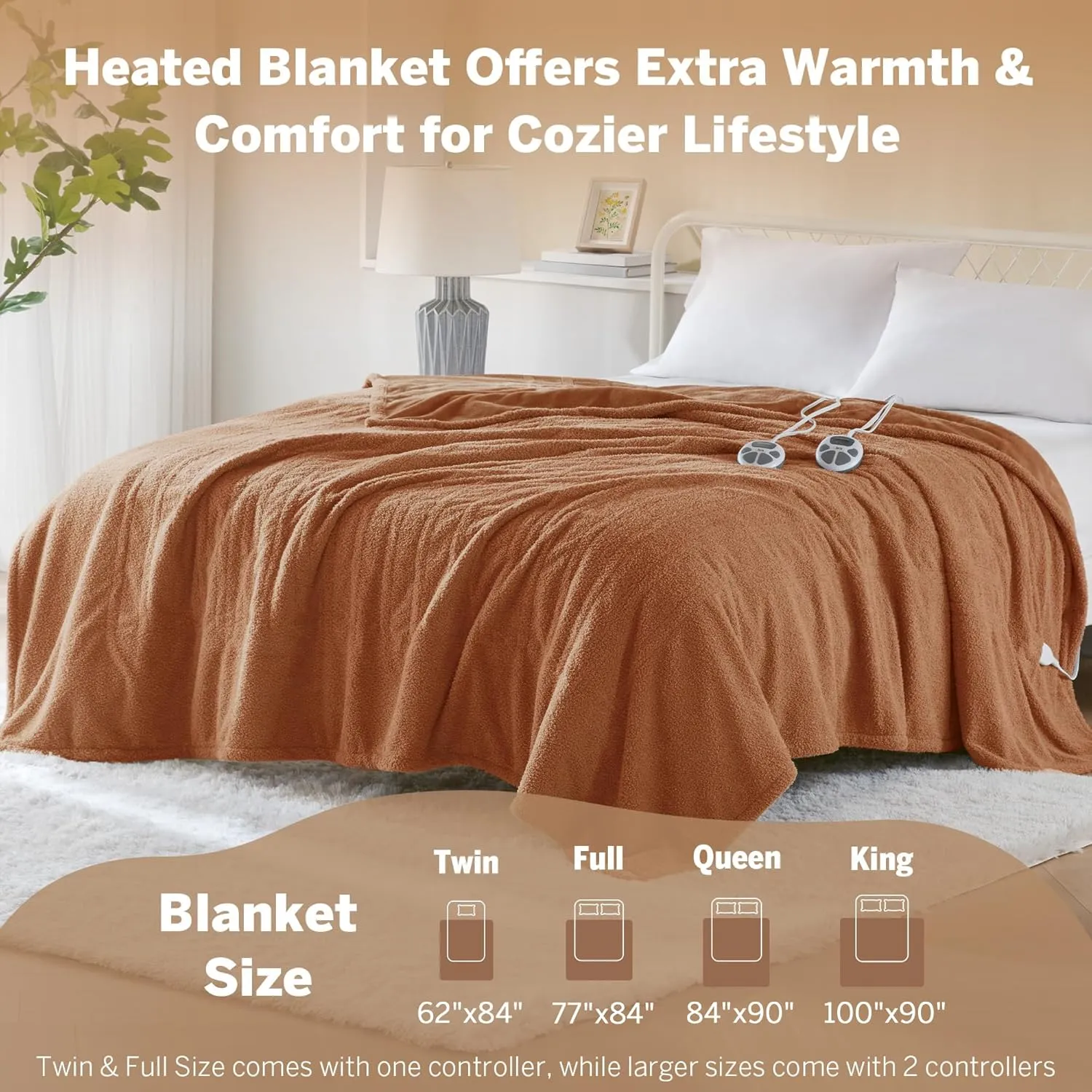 Serta Heated Blanket, Electric Queen Size Blanket, Soft, Warm, Fuzzy Heating Blanket Queen for Office, Couch, 1-12 hr Auto Shut Off Timer, 10 Lv Heat Setting, ETL Certified, Queen 84" x 90" Rust