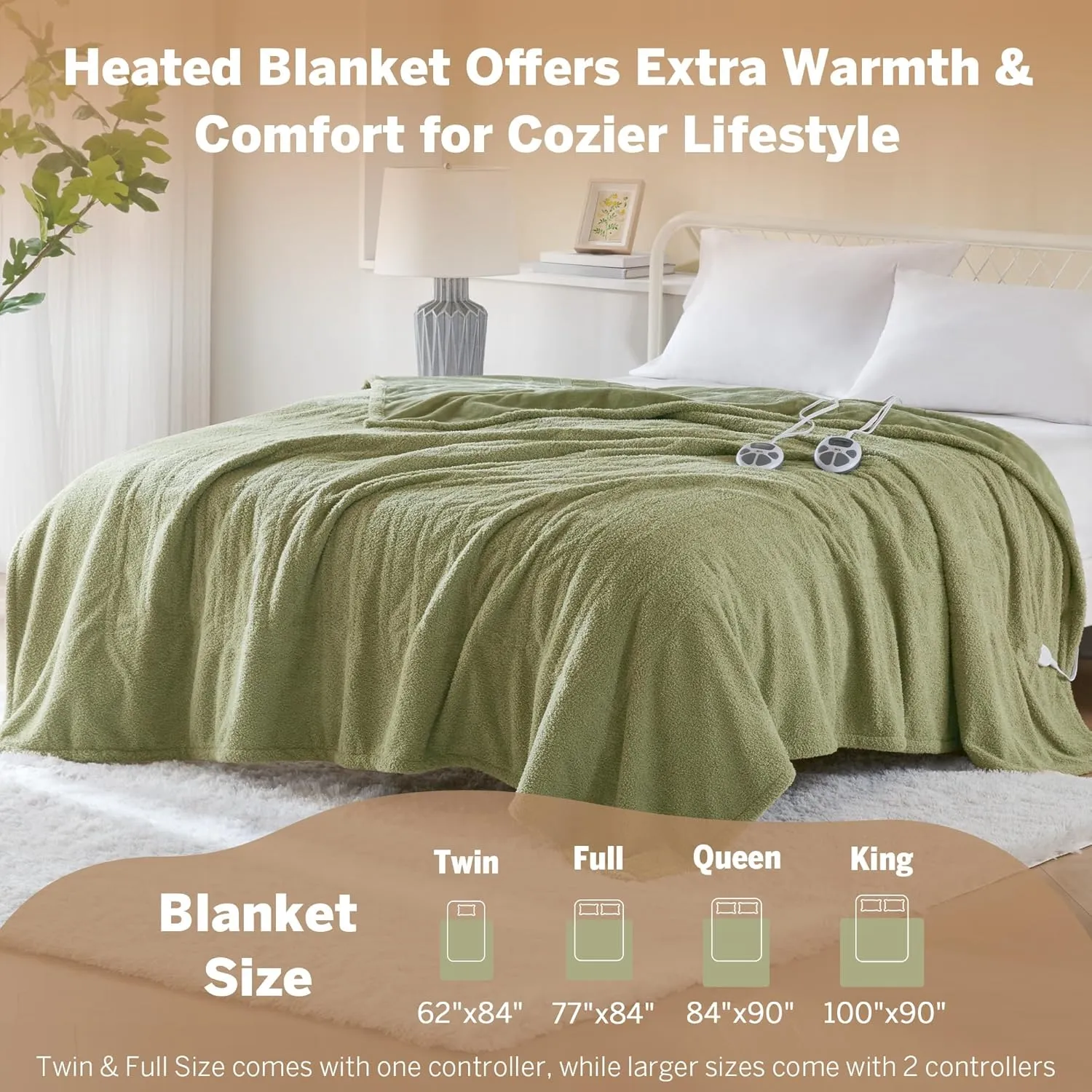 Serta Heated Blanket, Electric Queen Size Blanket, Soft, Warm, Fuzzy Heating Blanket Queen for Office, Couch, 1-12 hr Auto Shut Off Timer, 10 Lv Heat Setting, ETL Certified, Queen 84" x 90" Sage