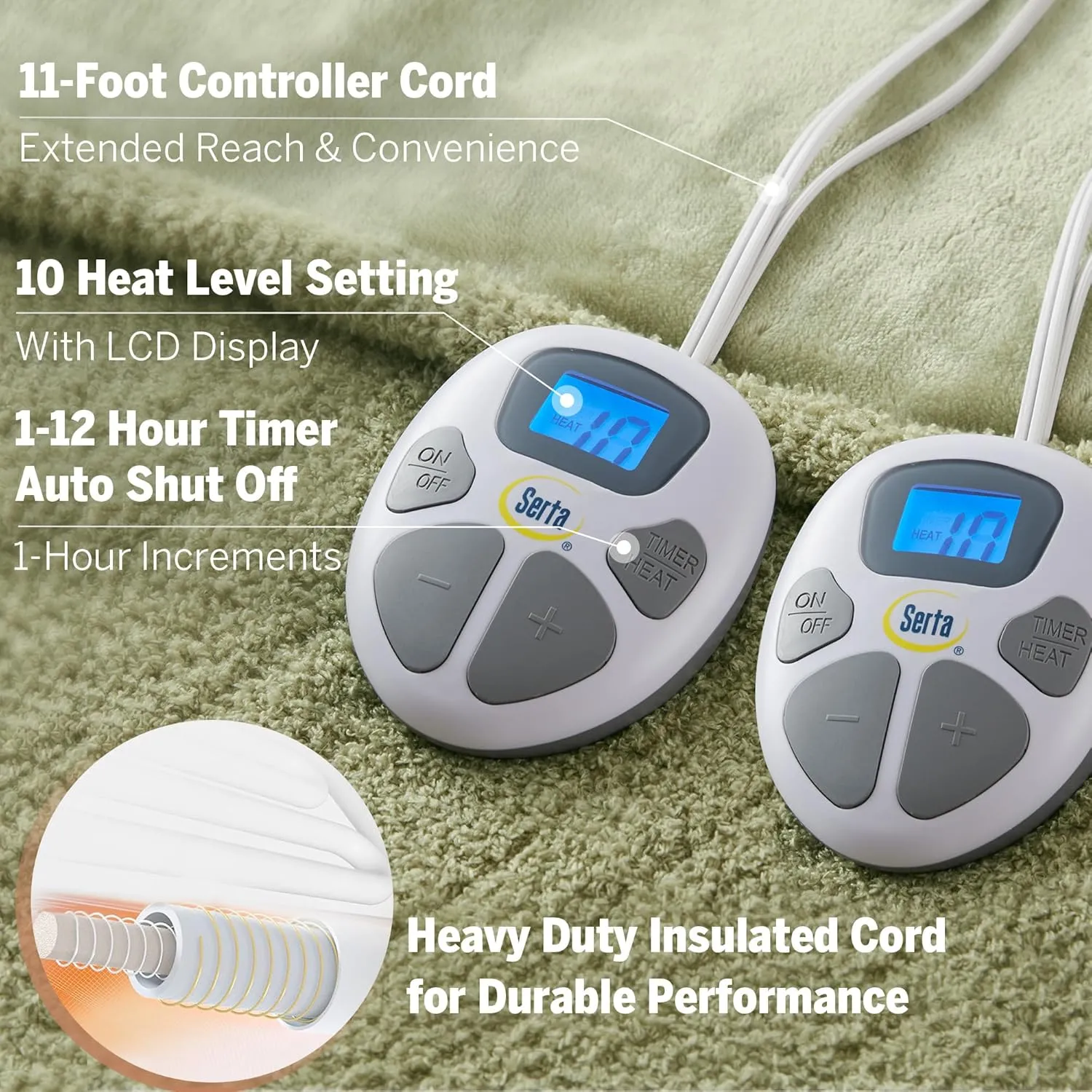 Serta Heated Blanket, Electric Queen Size Blanket, Soft, Warm, Fuzzy Heating Blanket Queen for Office, Couch, 1-12 hr Auto Shut Off Timer, 10 Lv Heat Setting, ETL Certified, Queen 84" x 90" Sage
