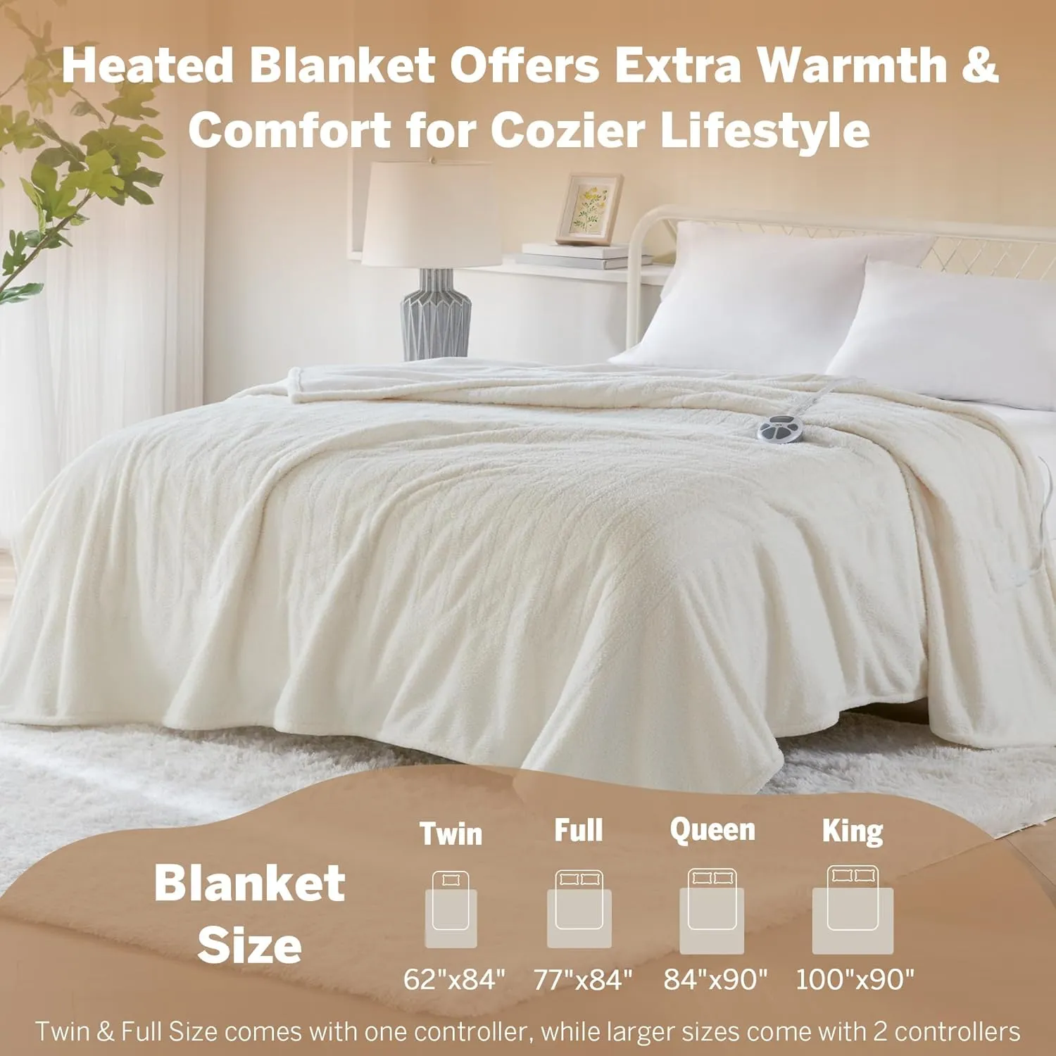 Serta Heated Blanket, Eletric Full Size Blanket, Soft, Warm, Fuzzy Heating Blanket Full for Office, Couch, 1-12 hr Auto Shut Off Timer, 10 Lv Heat Setting, ETL Certified, Full 77" x 84" Ivory