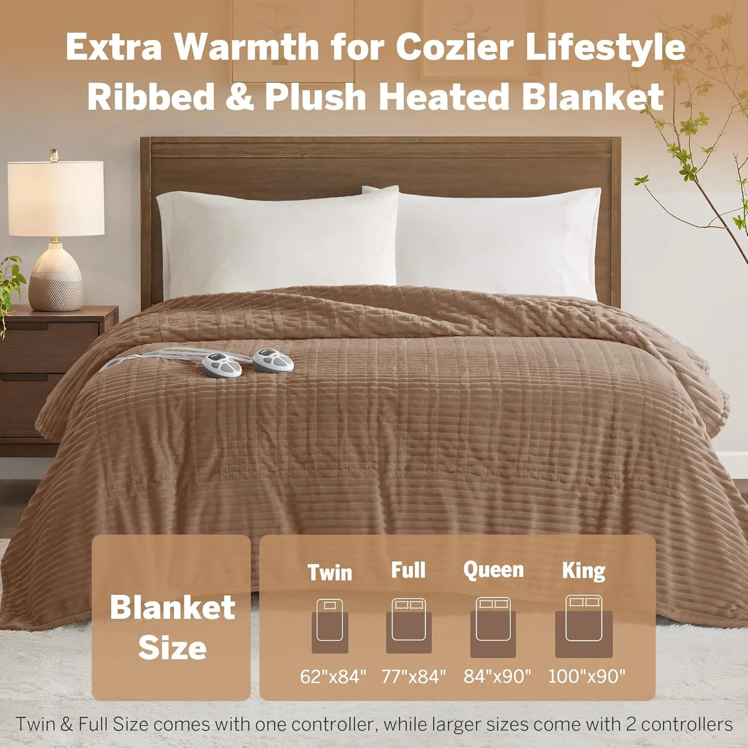 Serta Heated Blanket, Eletric King Size Blanket, Soft, Ribbed, Plush Heating Blanket King for Office, Couch, 1-12 hr Auto Shut Off Timer, 10 Lv Heating, ETL Certified, King 100"x90" Chestnut Brown