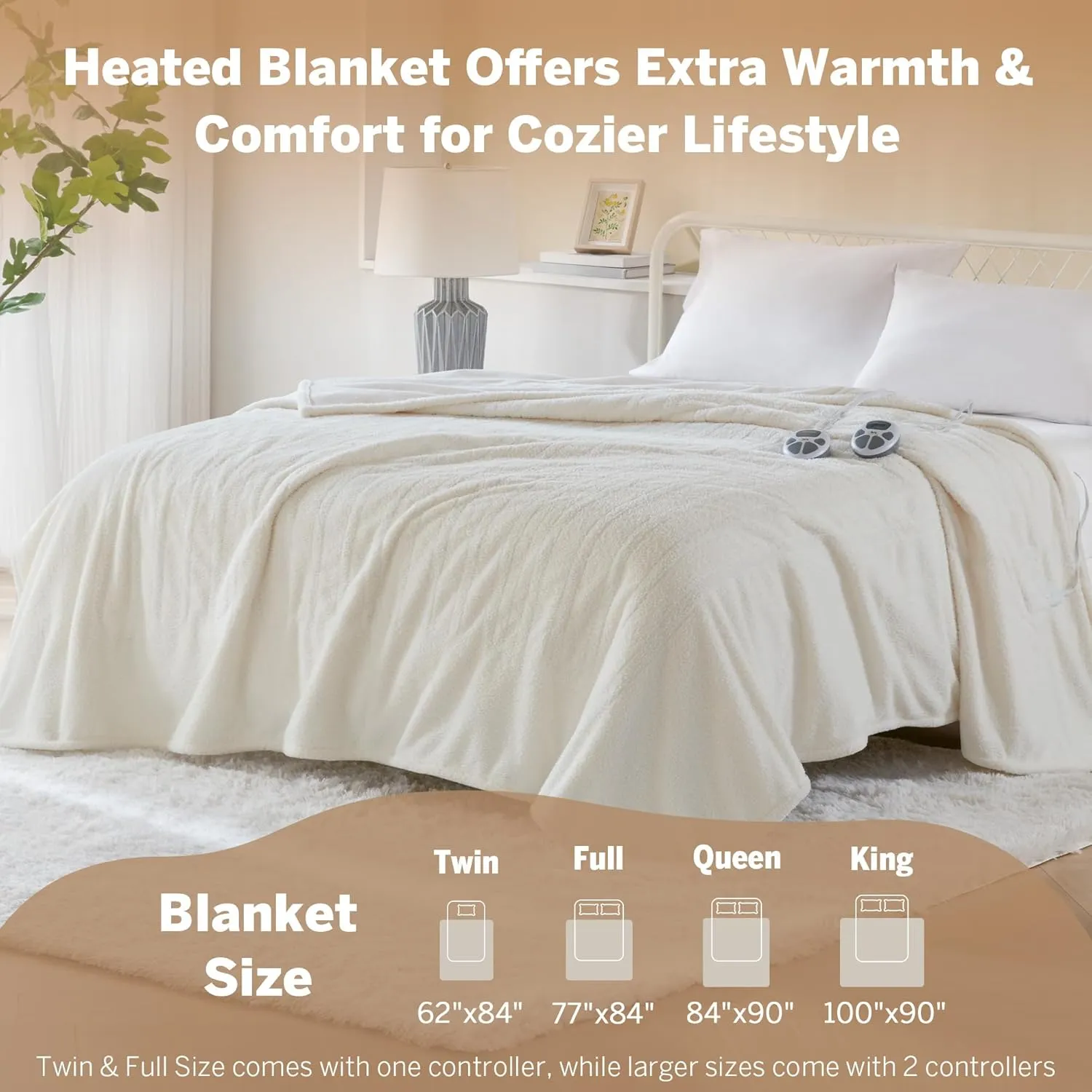 Serta Heated Blanket, Eletric King Size Blanket, Soft, Warm, Fuzzy Heating Blanket King for Office, Couch, 1-12 hr Auto Shut Off Timer, 10 Lv Heat Setting, ETL Certified, King 100" x 90" Ivory