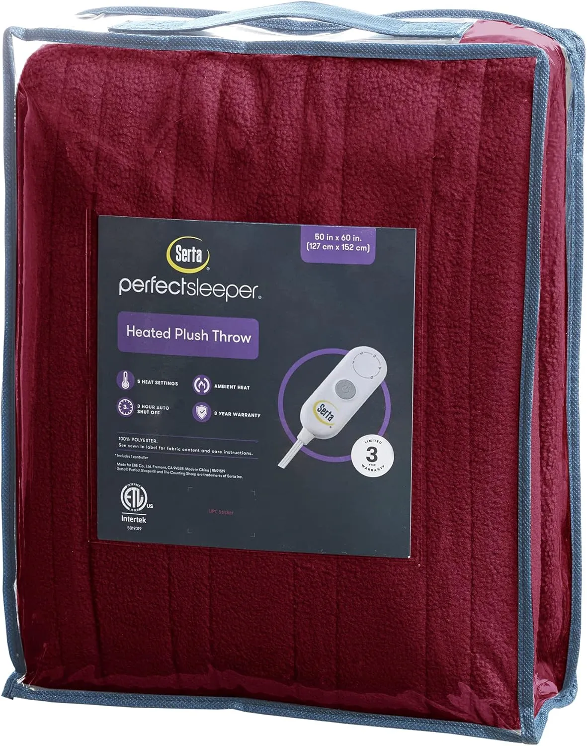 Serta Heated Throw Blanket - Reversible Fleece to Sherpa Electric Blanket, Fast Heating, Auto Shut Off Timer, Multi Heat Setting, ETL Certified, Machine Washable, Berry Red 50"x 60"