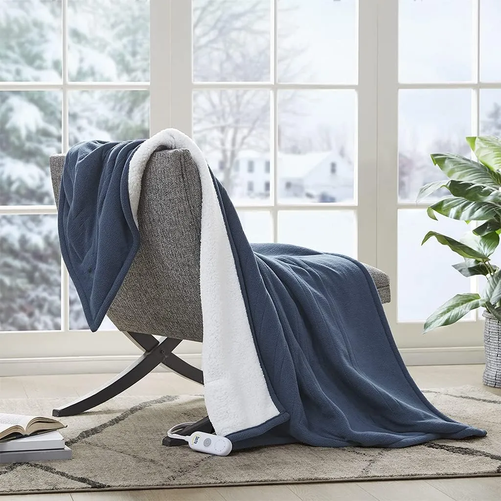 Serta Heated Throw Blanket - Reversible Fleece to Sherpa Electric Blanket, Fast Heating, Auto Shut Off Timer, Multi Heat Setting, ETL Certified, Machine Washable, Blue 50"x 60"