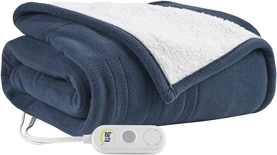 Serta Heated Throw Blanket - Reversible Fleece to Sherpa Electric Blanket, Fast Heating, Auto Shut Off Timer, Multi Heat Setting, ETL Certified, Machine Washable, Blue 50"x 60"