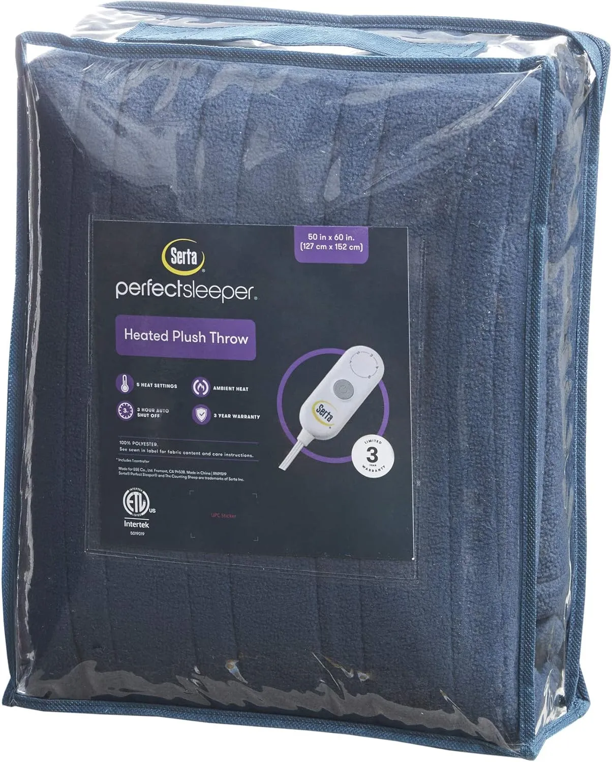 Serta Heated Throw Blanket - Reversible Fleece to Sherpa Electric Blanket, Fast Heating, Auto Shut Off Timer, Multi Heat Setting, ETL Certified, Machine Washable, Blue 50"x 60"