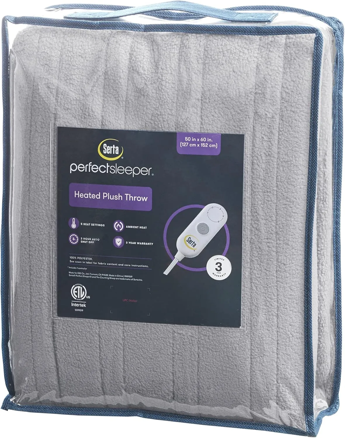 Serta Heated Throw Blanket - Reversible Fleece to Sherpa Electric Blanket, Fast Heating, Auto Shut Off Timer, Multi Heat Setting, ETL Certified, Machine Washable, Smoke Grey 50"x 60"