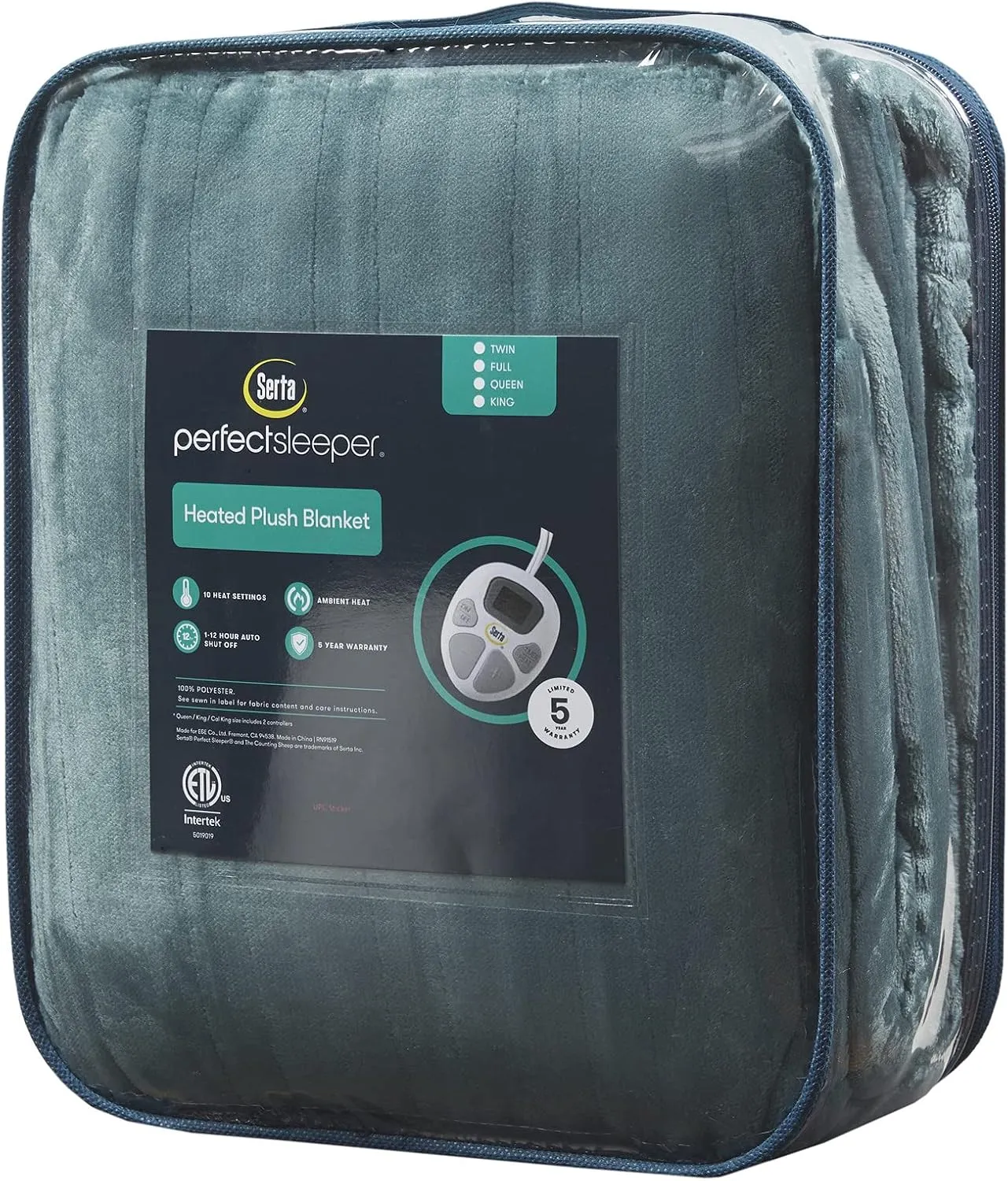 Serta Luxuriously Soft Plush Electric Blanket Fast Heating Cozy Cover, Safety Auto Shut Off Timer, Low EMF, Multi Heat Setting, ETL Certified, Machine Washable, Dark Teal King (92 in x 100 in)