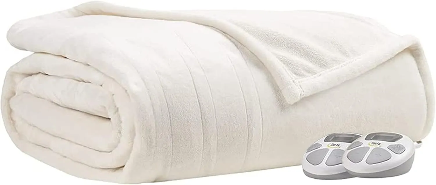 Serta Luxuriously Soft Plush Electric Blanket Fast Heating Cozy Cover, Safety Auto Shut Off Timer, Low EMF, Multi Heat Setting, ETL Certified, Machine Washable, Ivory Queen (90 in x 84 in)