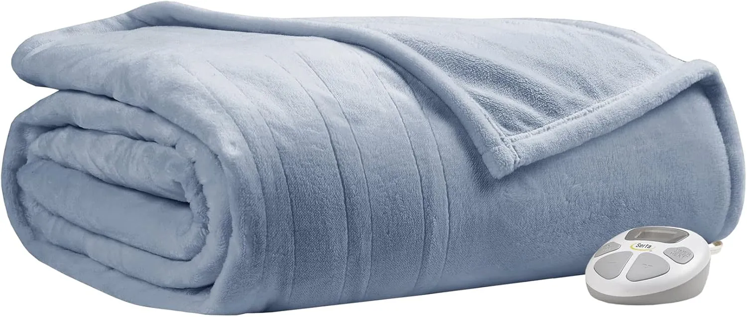 Serta Luxuriously Soft Plush Electric Blanket Fast Heating Cozy Cover, Safety Auto Shut Off Timer, Low EMF, Multi Heat Setting, ETL Certified, Machine Washable, Sea Blue King (92 in x 100 in)