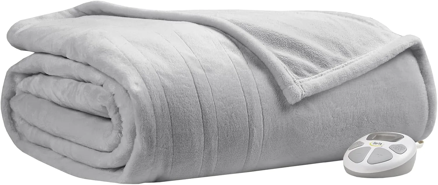 Serta Luxuriously Soft Plush Electric Blanket Fast Heating Cozy Cover, Safety Auto Shut Off Timer, Low EMF, Multi Heat Setting, ETL Certified, Machine Washable, Smoke Grey Queen (90 in x 84 in)