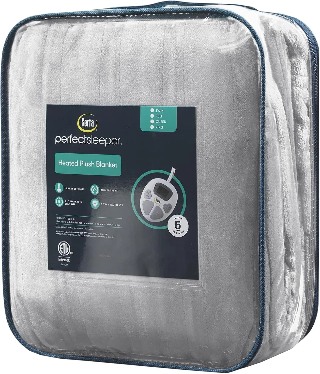 Serta Luxuriously Soft Plush Electric Blanket Fast Heating Cozy Cover, Safety Auto Shut Off Timer, Low EMF, Multi Heat Setting, ETL Certified, Machine Washable, Smoke Grey Queen (90 in x 84 in)