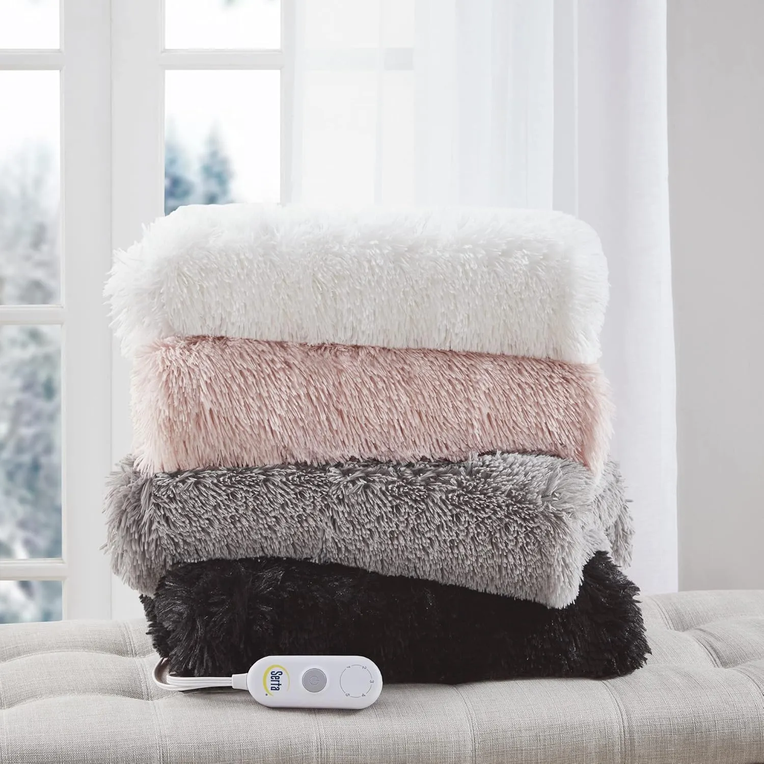 Serta Mila Shaggy Heated Throw Blanket - Soft Faux Fur Heated Blanket, Fast Heating, Auto Shut Off Timer, Low EMF, 5 Heat Setting, ETL Certified, Machine Washable Electric Blanket, Black 50"x60"