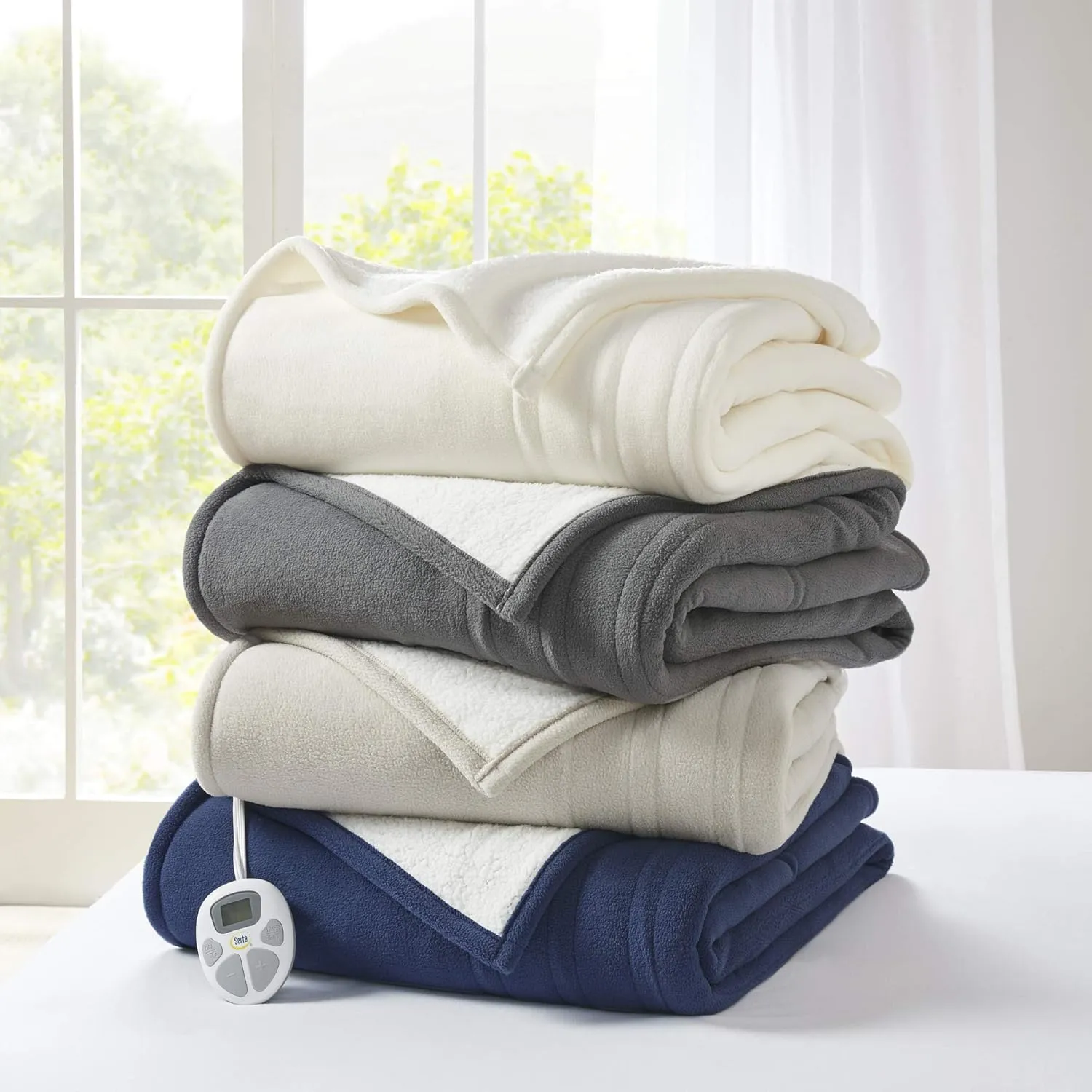 Serta Reversible Fleece to Sherpa Electric Blanket, Fast Heating, Auto Shut Off Timer, Multi Heat Setting, ETL Certified, Machine Washable, Blue King 90"x 100"