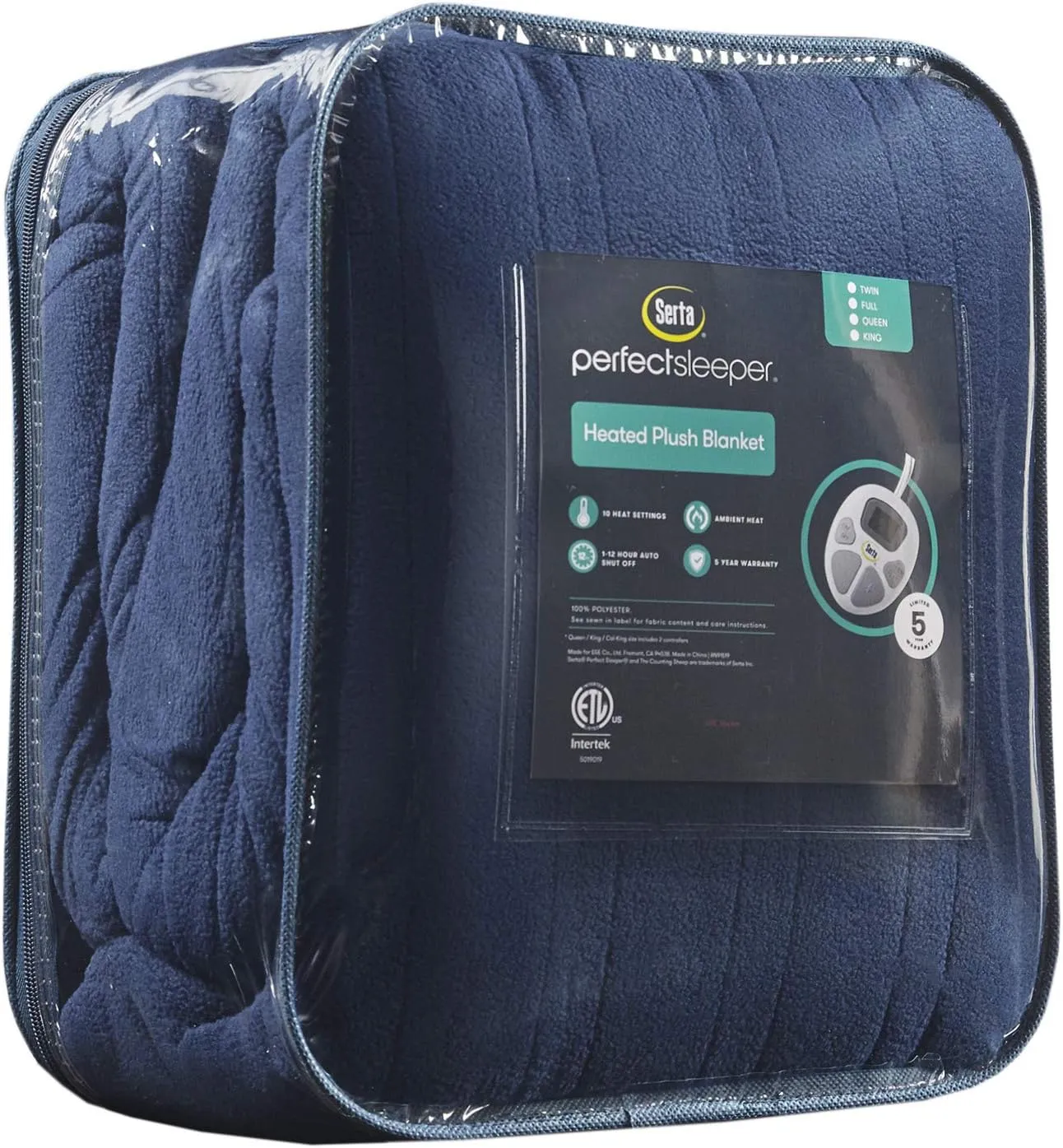 Serta Reversible Fleece to Sherpa Electric Blanket, Fast Heating, Auto Shut Off Timer, Multi Heat Setting, ETL Certified, Machine Washable, Blue King 90"x 100"