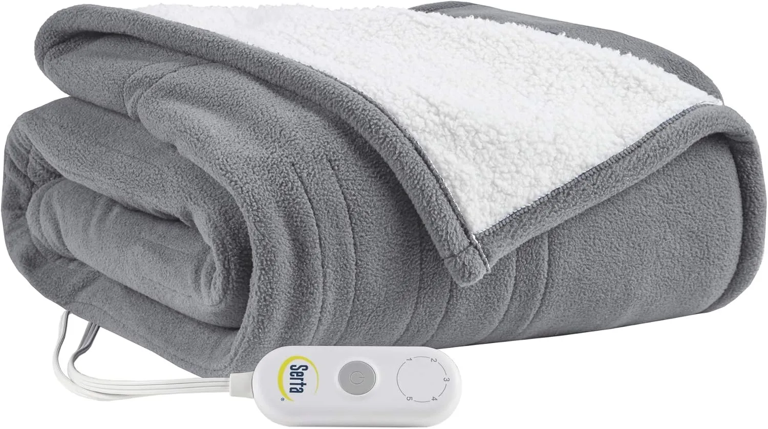Serta Reversible Fleece to Sherpa Electric Throw Blanket, Fast Heating, Auto Shut Off Timer, Multi Heat Setting, ETL Certified, Machine Washable, Grey 50"x 60"