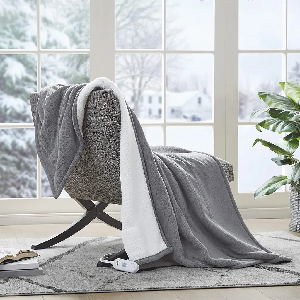 Serta Reversible Fleece to Sherpa Electric Throw Blanket, Fast Heating, Auto Shut Off Timer, Multi Heat Setting, ETL Certified, Machine Washable, Grey 50"x 60"