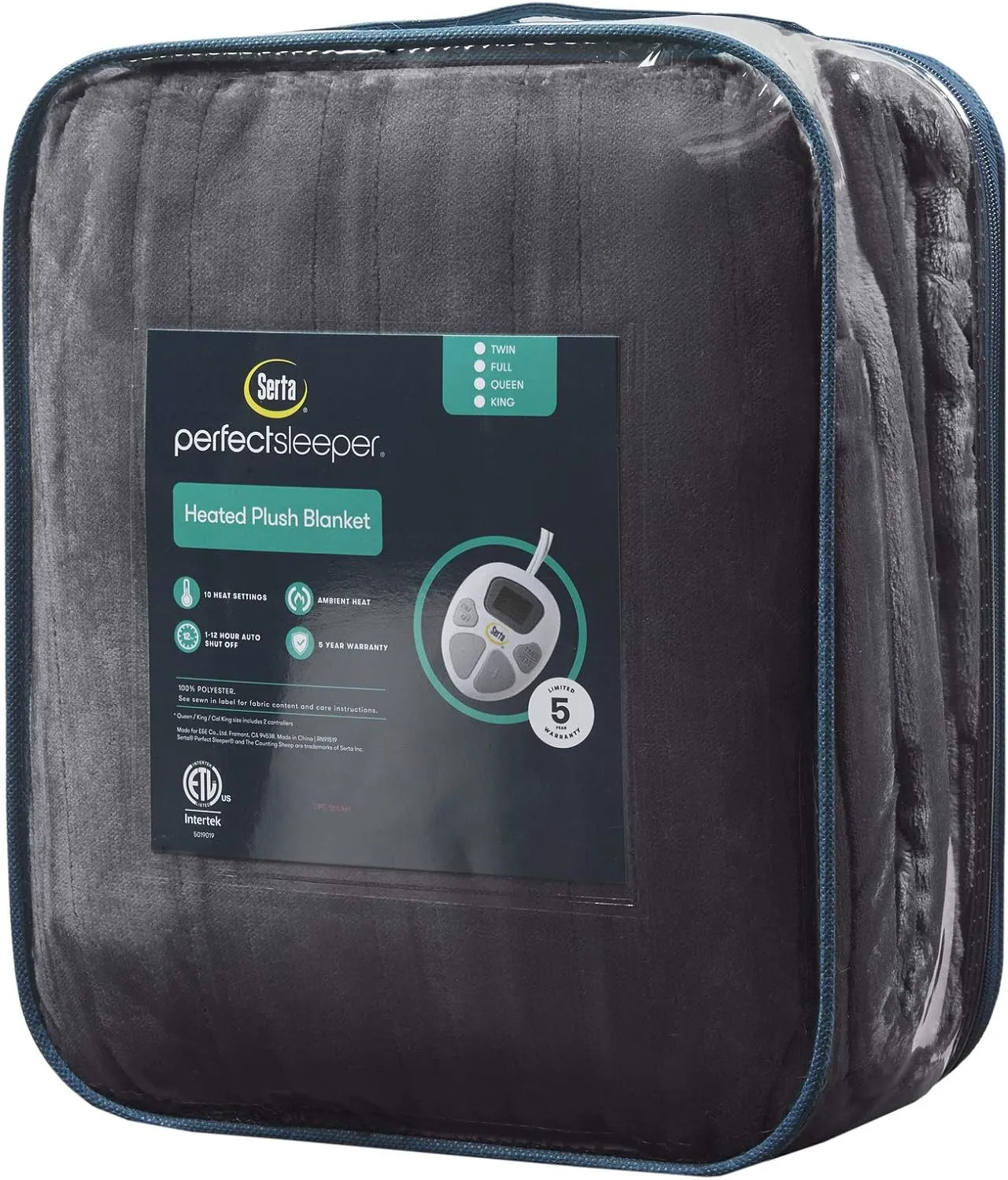 Serta Reversible Fleece to Sherpa Electric Throw Blanket, Fast Heating, Auto Shut Off Timer, Multi Heat Setting, ETL Certified, Machine Washable, Grey 50"x 60"