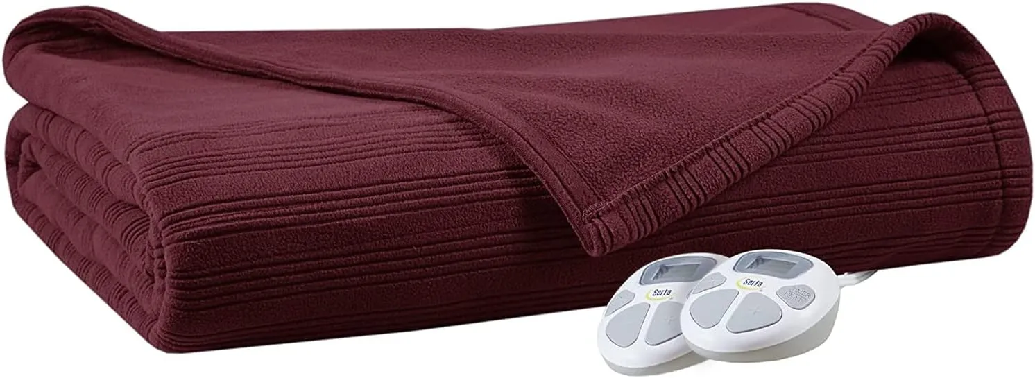 Serta Travis Fleece Ultra Soft Tri-Rib Textured Electric Blanket, Cozy and Snuggly Cover Fast Heating for Cold Weather, Auto Shut Off, Multi Heat Setting Controller, Full, Berry Red