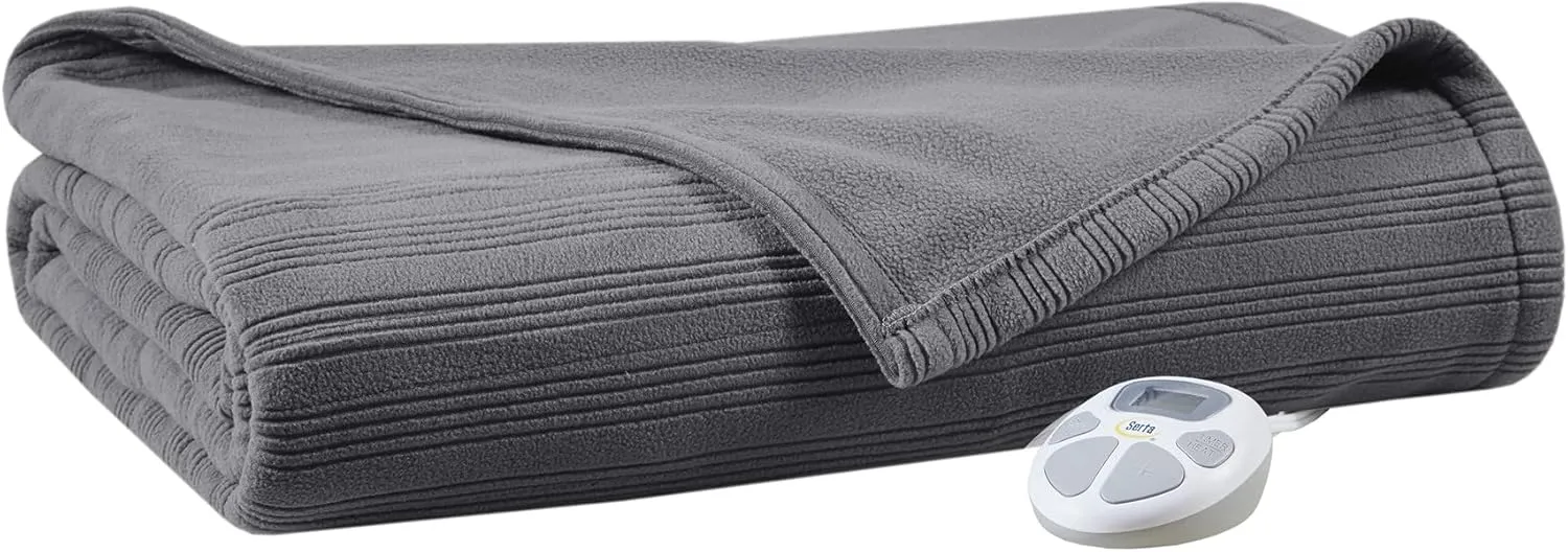 Serta Travis Fleece Ultra Soft Tri-Rib Textured Electric Blanket, Cozy and Snuggly Cover Fast Heating for Cold Weather, Auto Shut Off, Multi Heat Setting Controller, Full, Charcoal