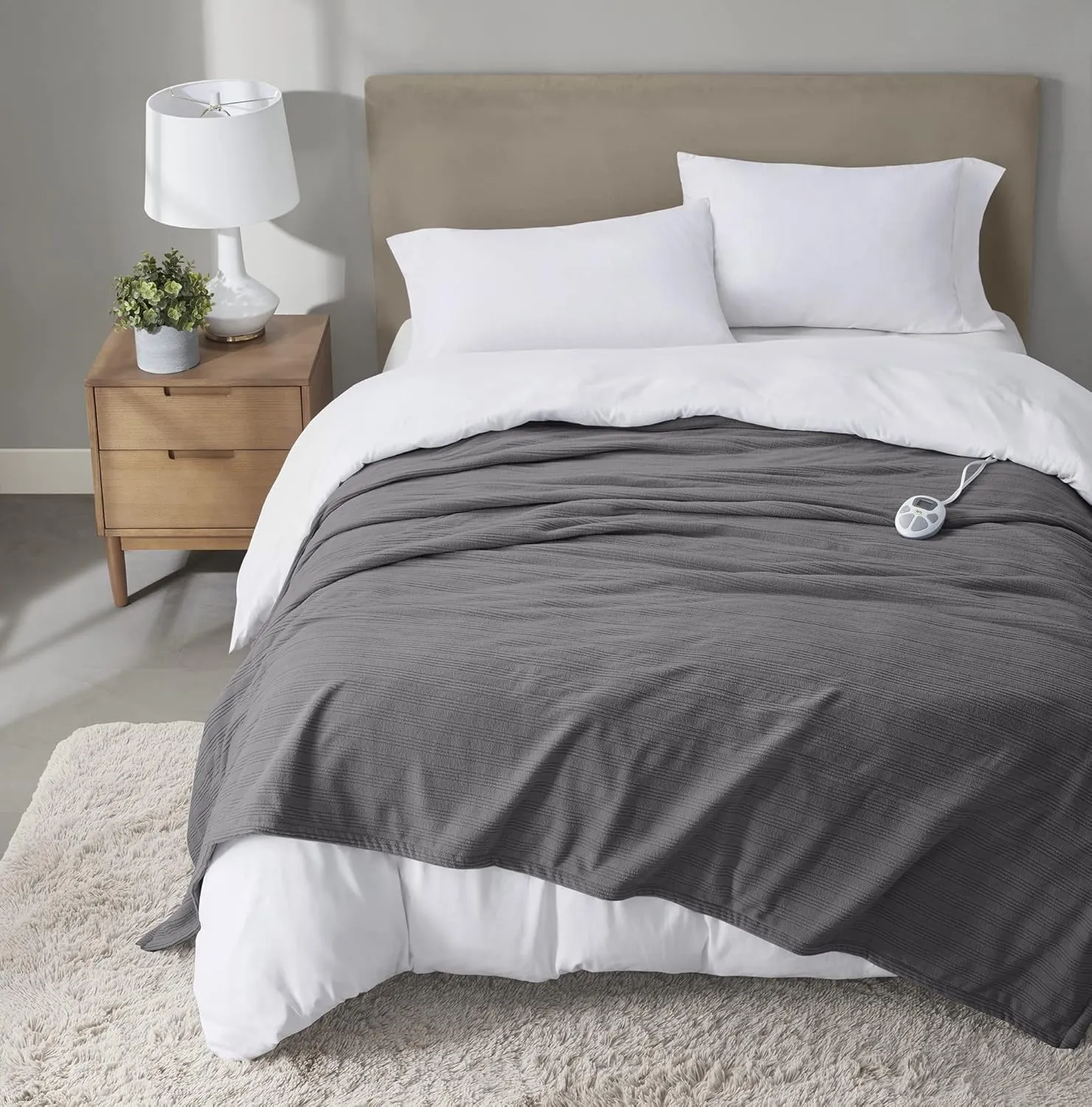 Serta Travis Fleece Ultra Soft Tri-Rib Textured Electric Blanket, Cozy and Snuggly Cover Fast Heating for Cold Weather, Auto Shut Off, Multi Heat Setting Controller, Full, Charcoal