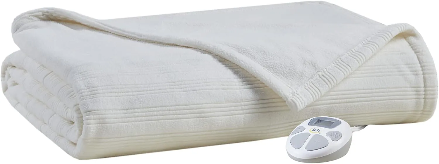 Serta Travis Fleece Ultra Soft Tri-Rib Textured Electric Blanket, Cozy and Snuggly Cover Fast Heating for Cold Weather, Auto Shut Off, Multi Heat Setting Controller, Full, Cream