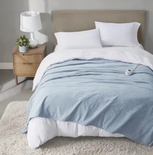 Serta Travis Fleece Ultra Soft Tri-Rib Textured Electric Blanket, Cozy and Snuggly Cover Fast Heating for Cold Weather, Auto Shut Off, Multi Heat Setting Controller, Full, Dusty Blue