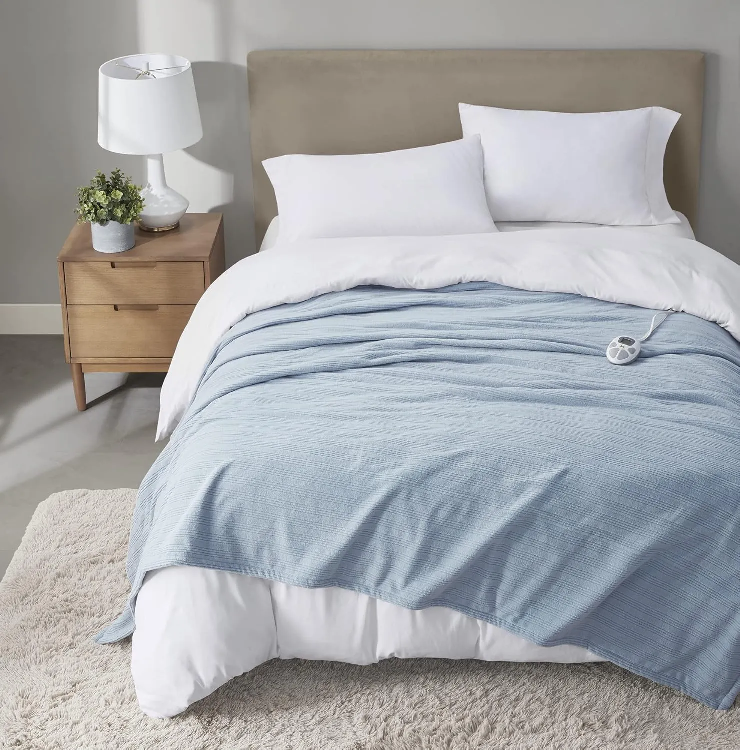 Serta Travis Fleece Ultra Soft Tri-Rib Textured Electric Blanket, Cozy and Snuggly Cover Fast Heating for Cold Weather, Auto Shut Off, Multi Heat Setting Controller, Full, Dusty Blue