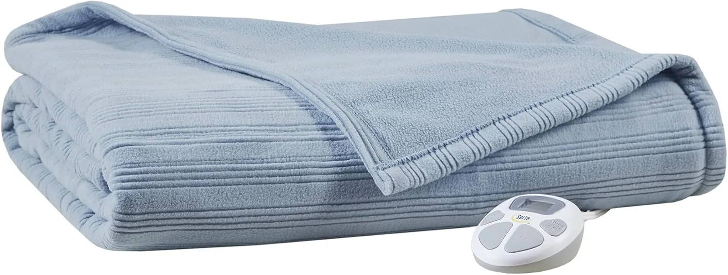 Serta Travis Fleece Ultra Soft Tri-Rib Textured Electric Blanket, Cozy and Snuggly Cover Fast Heating for Cold Weather, Auto Shut Off, Multi Heat Setting Controller, Full, Dusty Blue