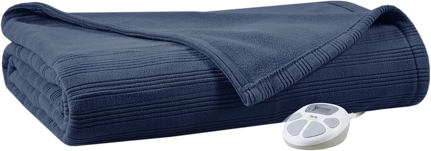 Serta Travis Fleece Ultra Soft Tri-Rib Textured Electric Blanket, Cozy and Snuggly Cover Fast Heating for Cold Weather, Auto Shut Off, Multi Heat Setting Controller, Full, Indigo