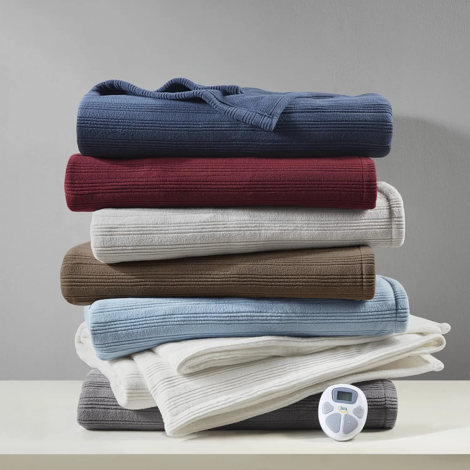 Serta Travis Fleece Ultra Soft Tri-Rib Textured Electric Blanket, Cozy and Snuggly Cover Fast Heating for Cold Weather, Auto Shut Off, Multi Heat Setting Controller, Full, Pumice Stone Grey