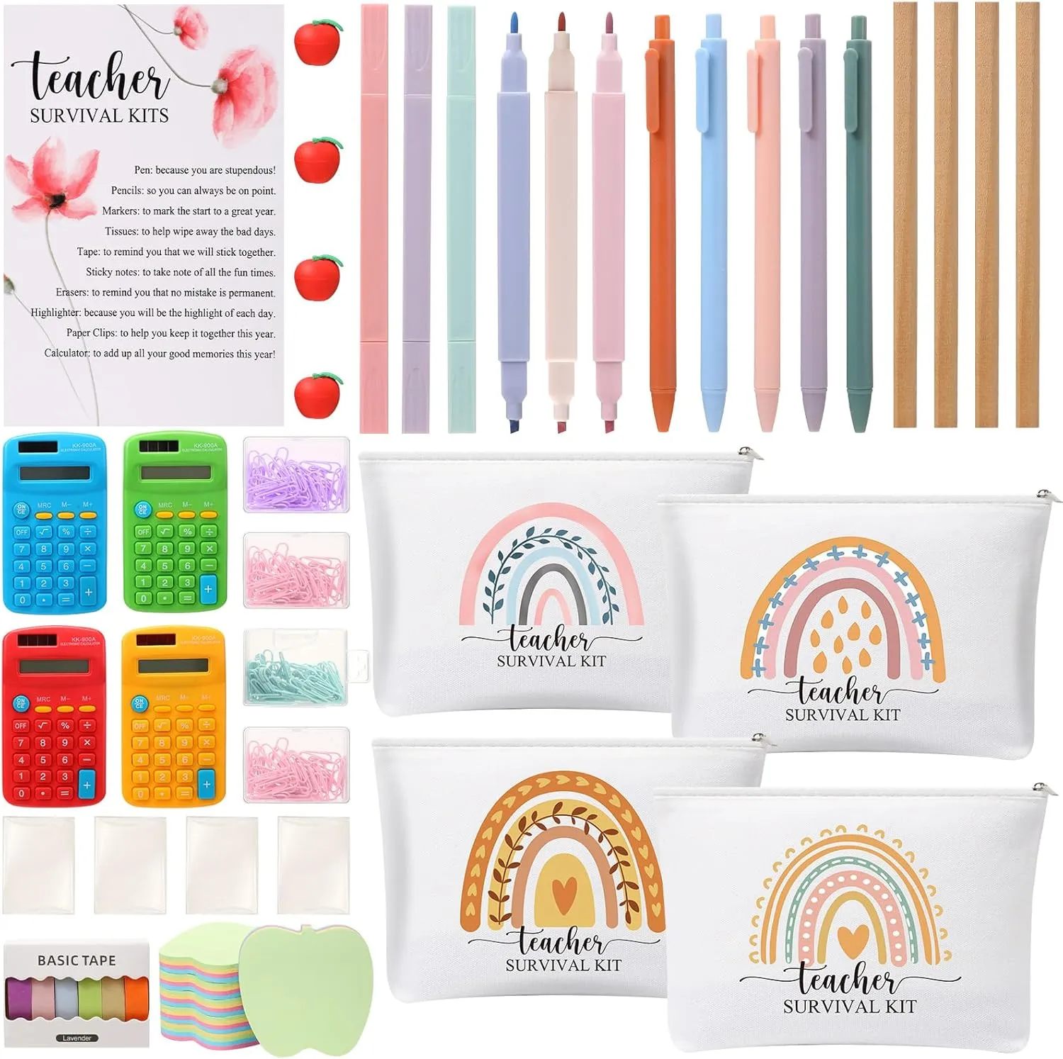 Sherr Graduation Teacher Appreciation Gifts Survival Kit Set for Coworker Employee Thank You Rainbow Bag Highlighters Pencils Card Calculators Tissues Eraser Inspirational Teacher Gift(50 Pcs)