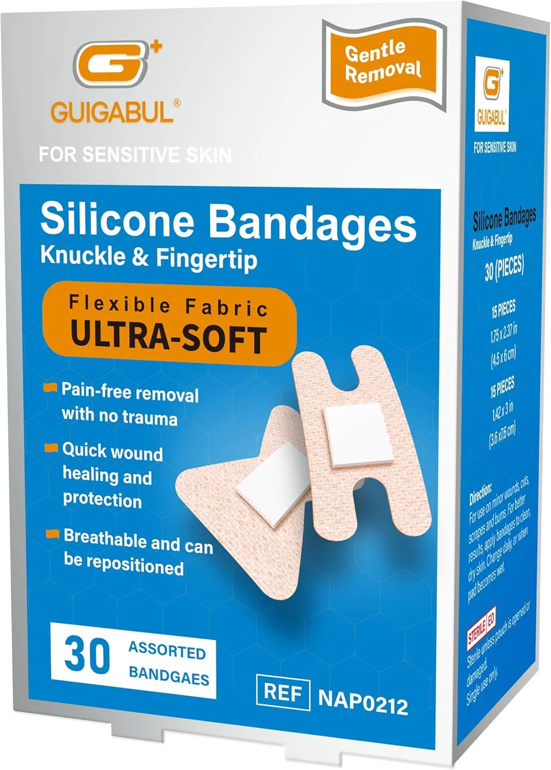 Silicone Bandages for Sensitive Fragile Skin, 30 Counts Assorted Size Fingertips and Knuckles Flexible Fabric Hypoallergenic Bandages Painless Removal for Minor Cuts Scrapes & Wounds, Latex Free