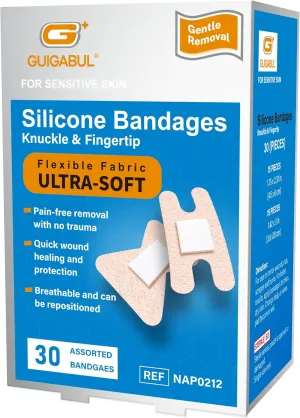 Silicone Bandages for Sensitive Fragile Skin, 30 Counts Assorted Size Fingertips and Knuckles Flexible Fabric Hypoallergenic Bandages Painless Removal for Minor Cuts Scrapes & Wounds, Latex Free