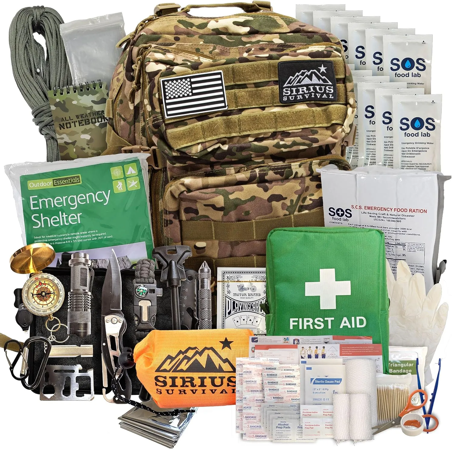 Sirius: Bug Out Bag Starter Kit - 72 Hour Kit for 1 Person – Backpack Survival Kit – 50L Tactical Backpack, US Made Food & Water, Medical Supplies & Survival Tools