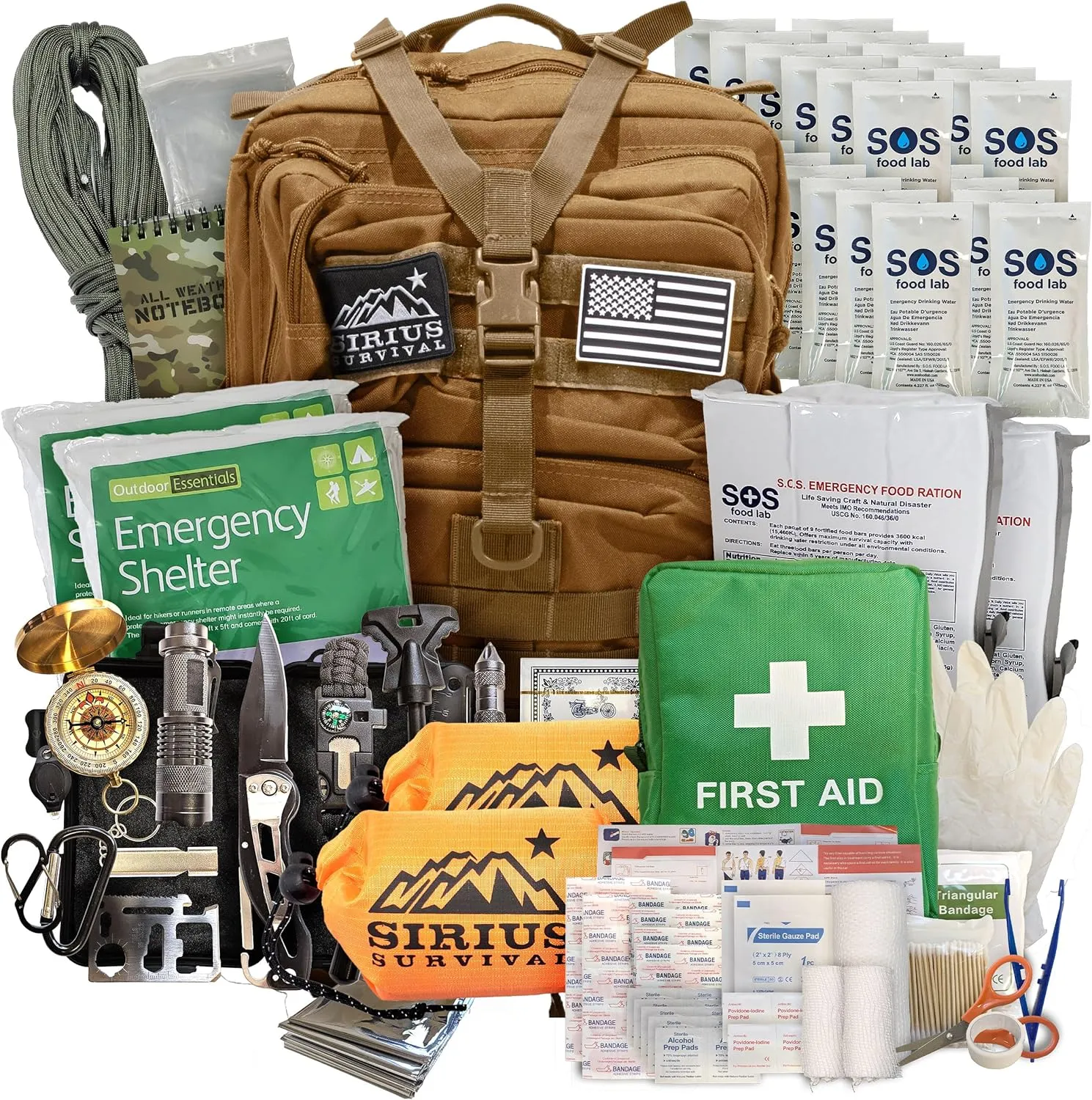 Sirius: Bug Out Bag Starter Kit - 72 Hour Kit for 1 Person – Backpack Survival Kit – 50L Tactical Backpack, US Made Food & Water, Medical Supplies & Survival Tools