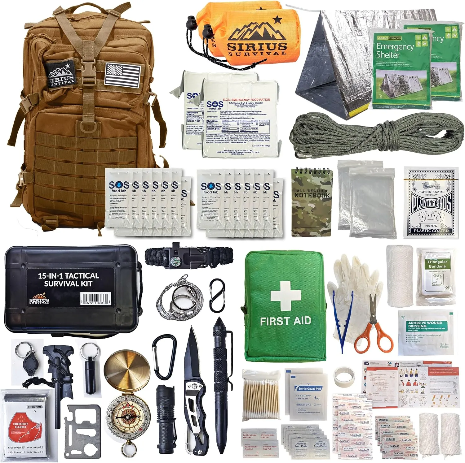 Sirius: Bug Out Bag Starter Kit - 72 Hour Kit for 1 Person – Backpack Survival Kit – 50L Tactical Backpack, US Made Food & Water, Medical Supplies & Survival Tools