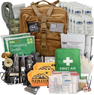 Sirius: Bug Out Bag Starter Kit - 72 Hour Kit for 1 Person – Backpack Survival Kit – 50L Tactical Backpack, US Made Food & Water, Medical Supplies & Survival Tools