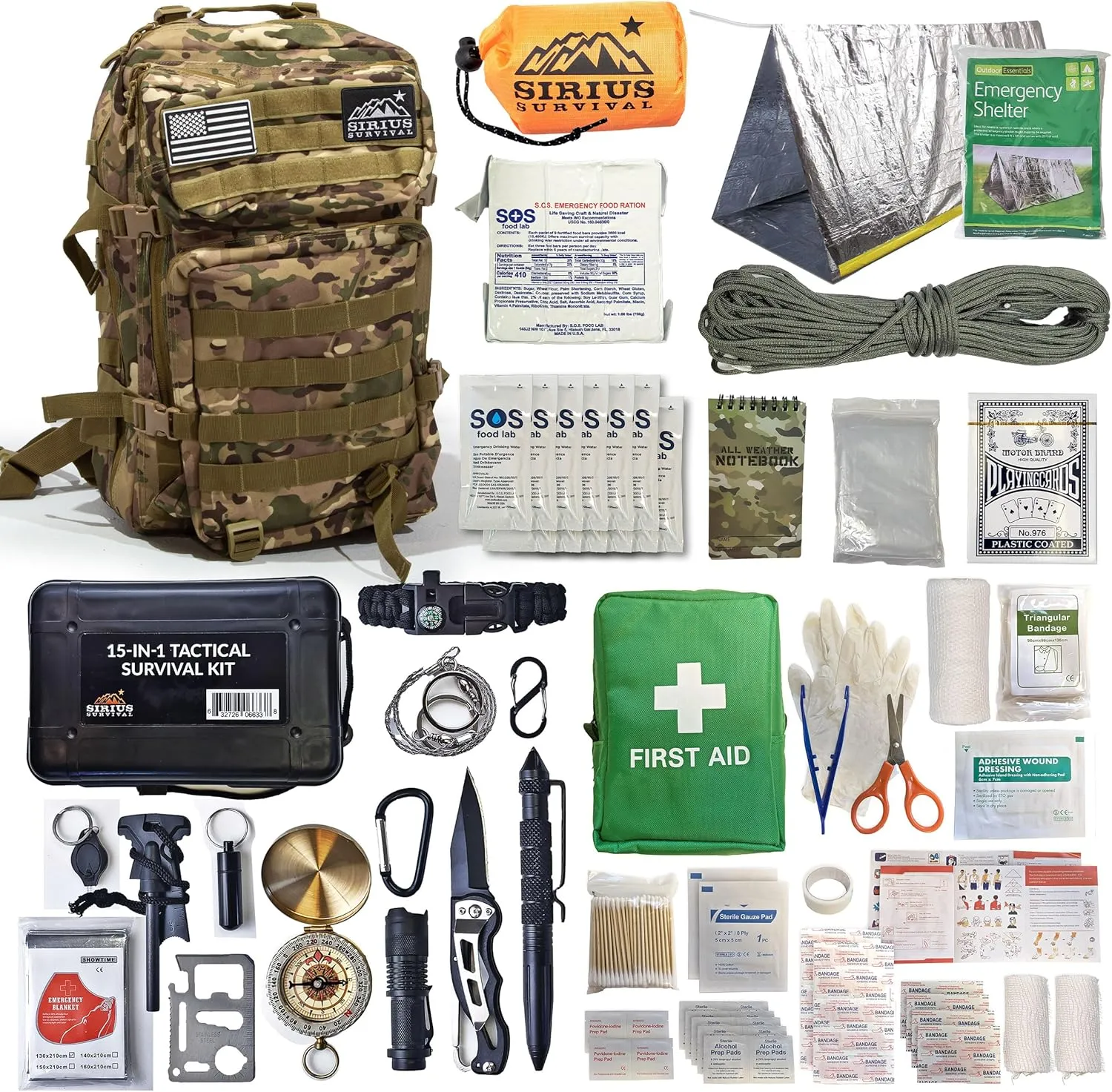 Sirius: Bug Out Bag Starter Kit - 72 Hour Kit for 1 Person – Backpack Survival Kit – 50L Tactical Backpack, US Made Food & Water, Medical Supplies & Survival Tools