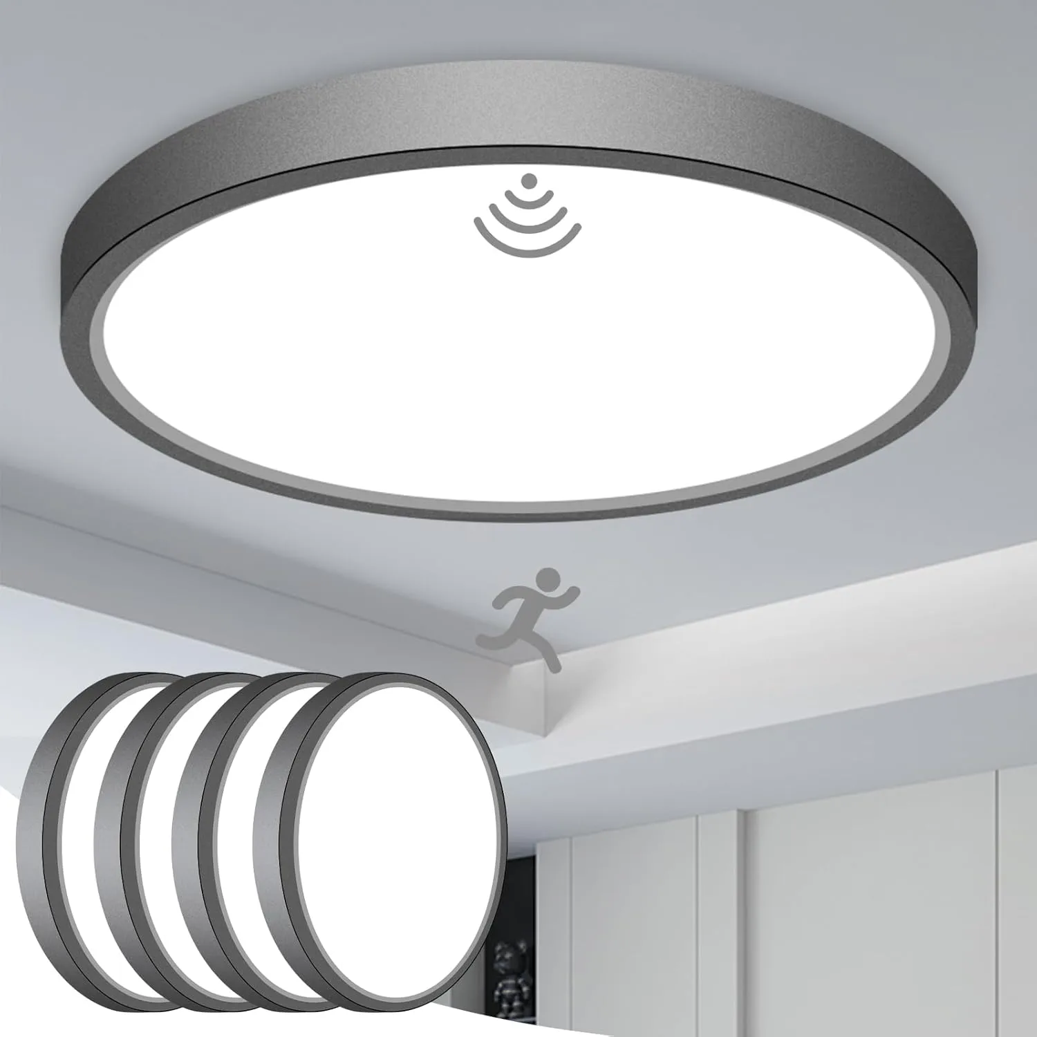 slochi 4 Pack Motion Sensor Ceiling Light Indoor, 5000K Ceiling Lights Motion Sensored Wired, 15W 1500LM 7 Inch Flush Mount Light Fixture for Closet Pantry Hallway Stairwell Porch, Black