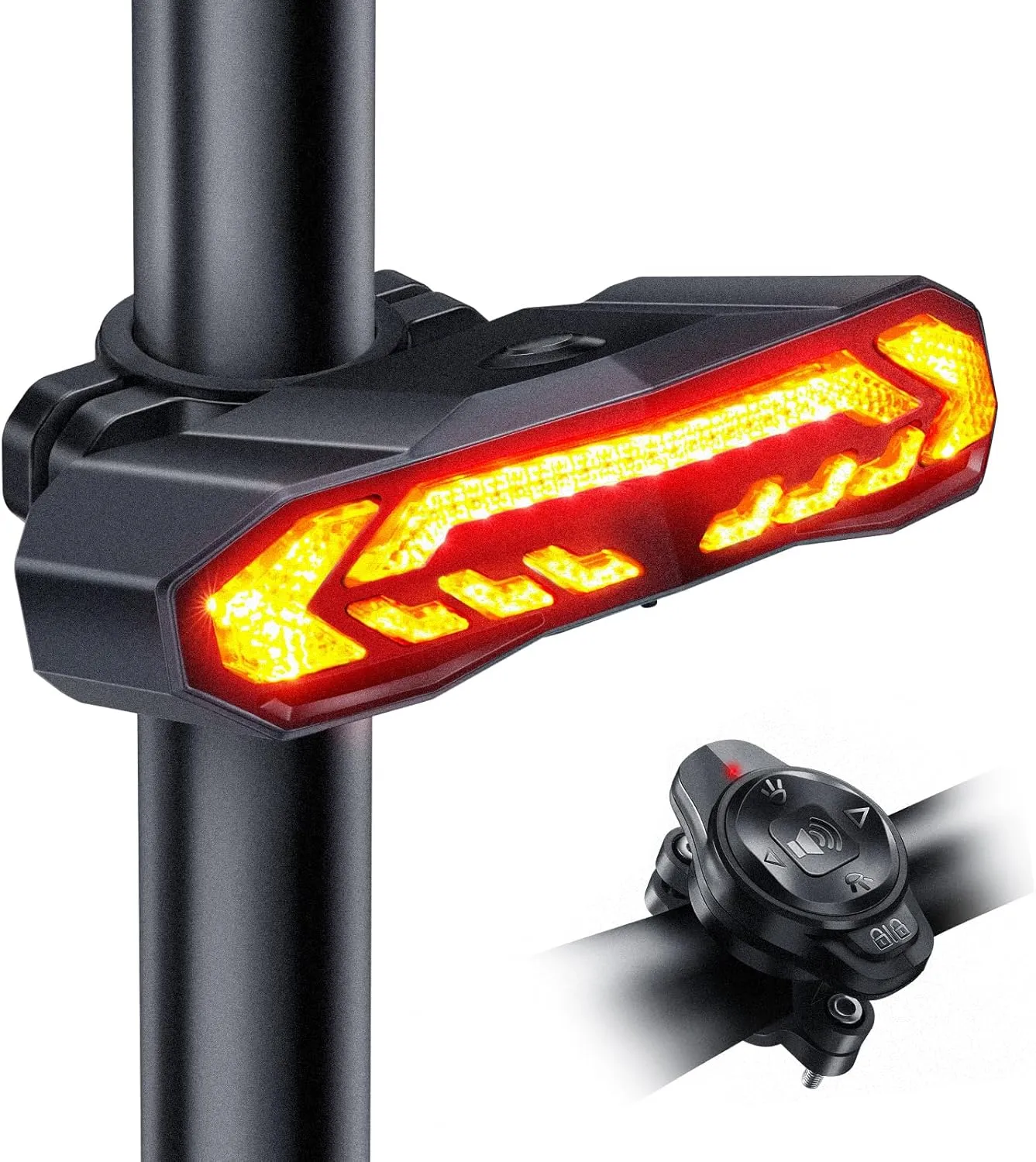 Smart Bike Tail Light with Turn Signals and Brake Light, Rechargeable Bike Alarm Anti Theft with Remote, Bicycle Horn & Bike Turn Signals for Bicycle/Scooter/Ebike Auto On/Off, IP65 Waterproof