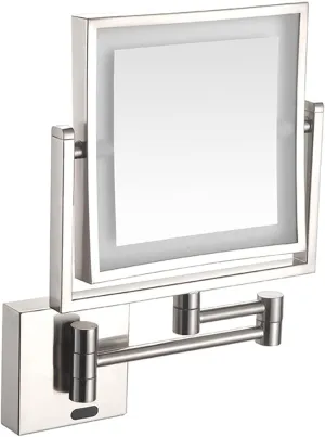Smart Sensor LED Lighted Makeup Mirror, Square Wall Mounted Double Sided 1X/3X Magnifying Mirror Rotation Extension Bathroom Mirror,Black,Plug in (Color : Nickel, Size : Plug in)