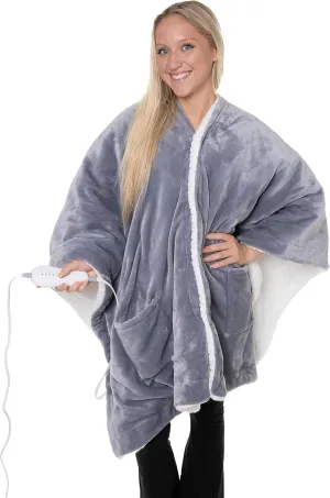 Snuggie Heated Wrap - Wearable Heated Electric Blanket with 4 Heat Settings, Auto Off, 50" x 60" Machine Washable, Warm, Cozy, Super Soft Sherpa, Functional Shawl for Adults- Grey